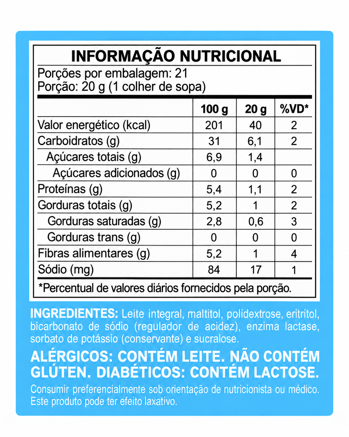 Tabela nutricional do Doce de Leite Diet Sem Lactose A2 Tacho da Quinta 420g